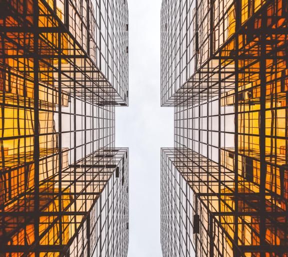two orange buildings