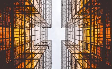 two orange buildings
