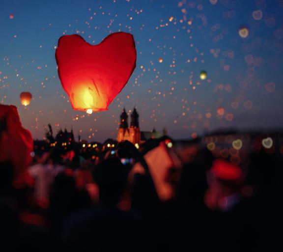 heart balloons in night sky